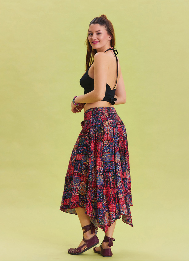 Red Casual Skirt with Gipe Detail and Tied Waist 4504